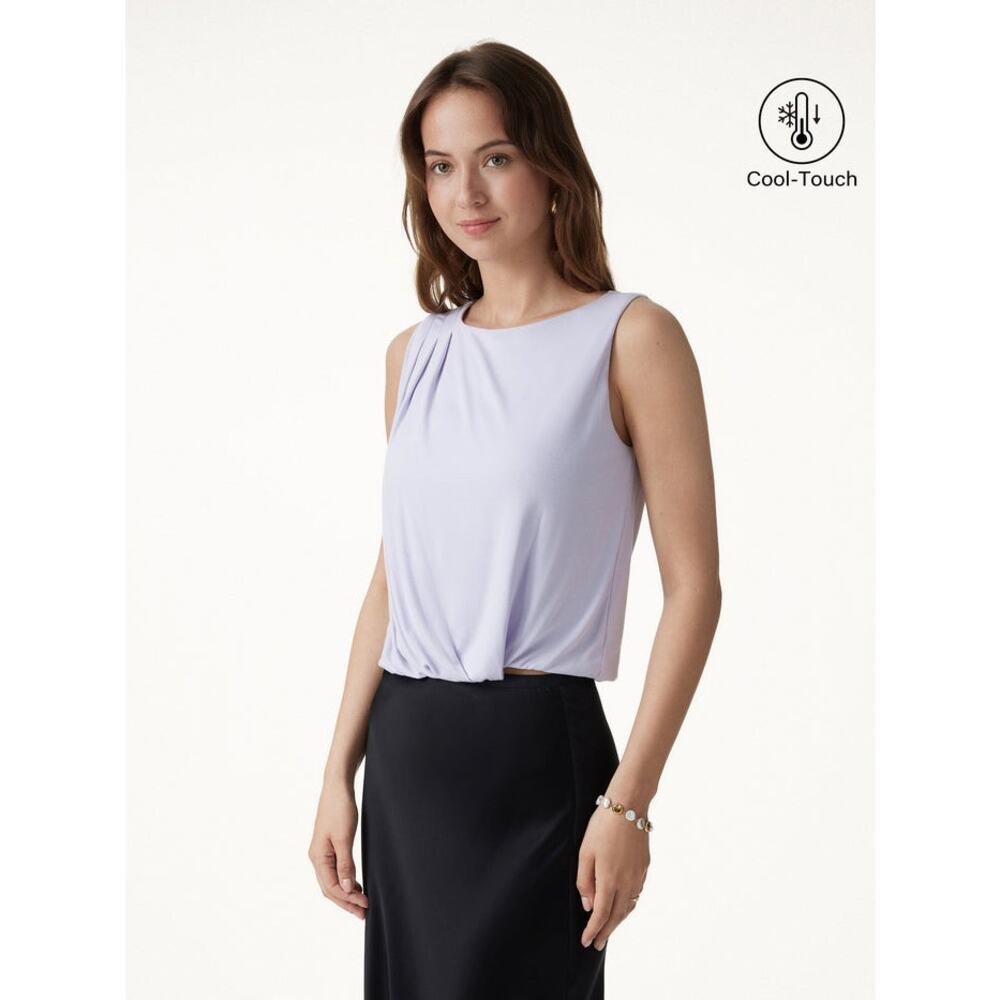 NWT OGL CoolTouch Boatneck Gathered Hem Cropped Bubble Top Fog Cream Tan XS $60 - Picture 3 of 8